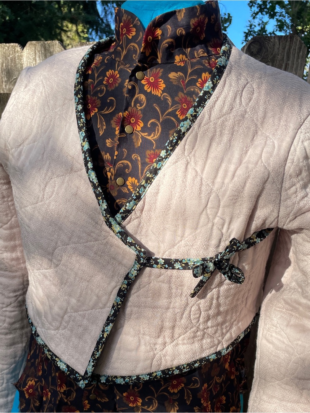 Light Beige Quilted Wrap Jacket with Floral Trim